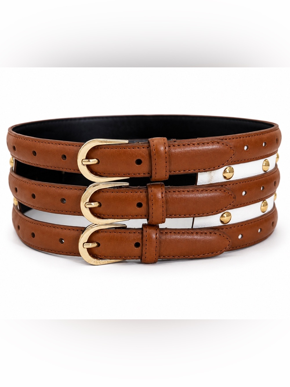 Stunning Oscar de la Renta Italian Leather Triple Buckle Studded Belt Tan XS